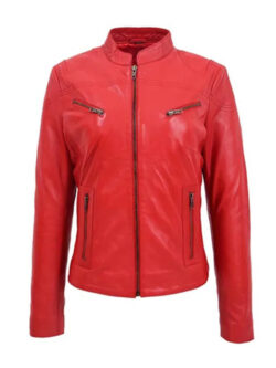 Women’s Zipper Style Red Leather Jacket