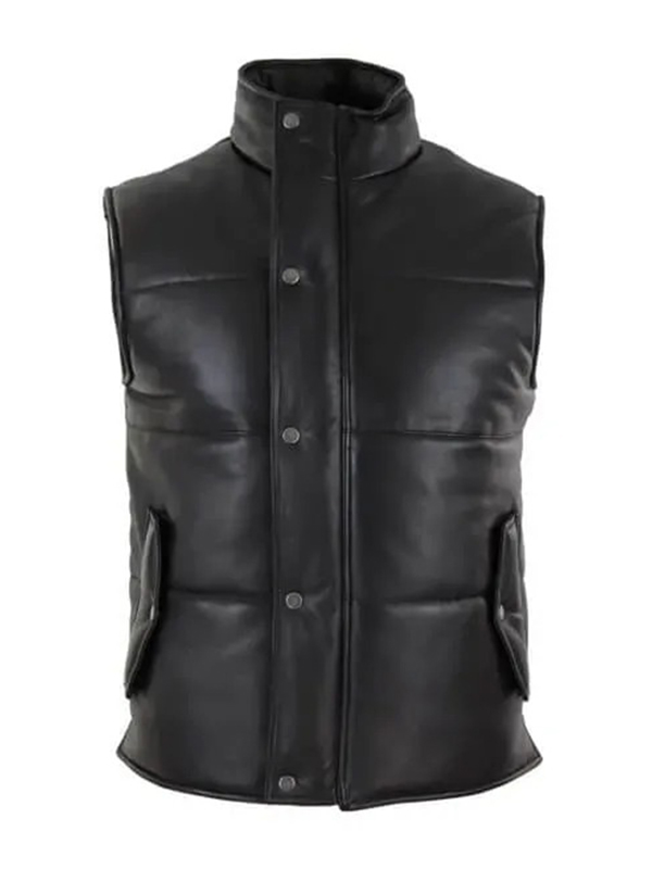 Men's Black Puffer Leather Quilted Waistcoat