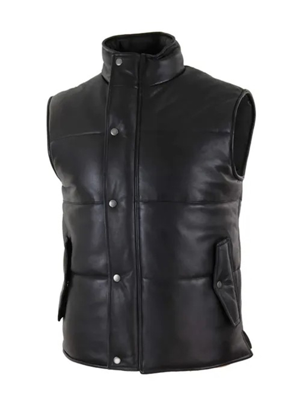 Men's Black Puffer Leather Quilted Waistcoat - Image 2