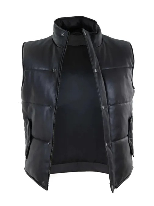 Men's Black Puffer Leather Quilted Waistcoat - Image 3