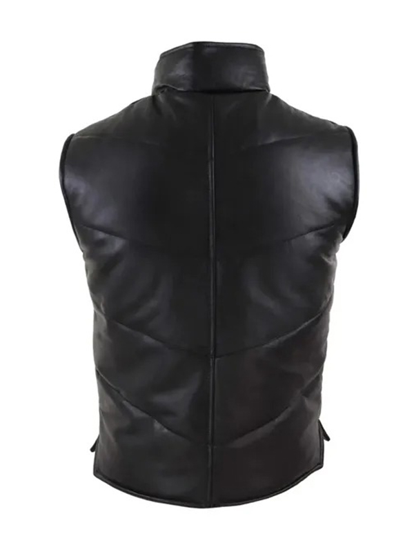 Men's Black Puffer Leather Quilted Waistcoat - Image 4