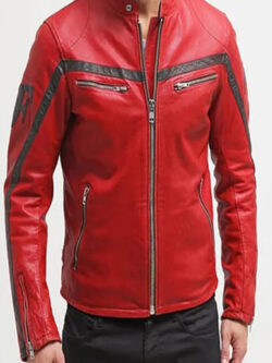 Mens Red Cafe Racer Leather Motorcycle Jacket