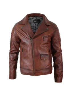 Men's Cross Zip Washed Black Brown Leather Jacket