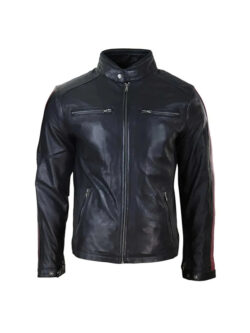 Men's Red Stripes Zipped Nehru Collarless Leather Jacket
