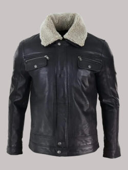Men's Black Sheepskin Zip Button Leather Jacket