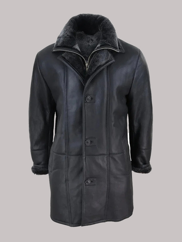 Men's 3/4 Duffle Jacket Sheepskin Long Button Zip Warm