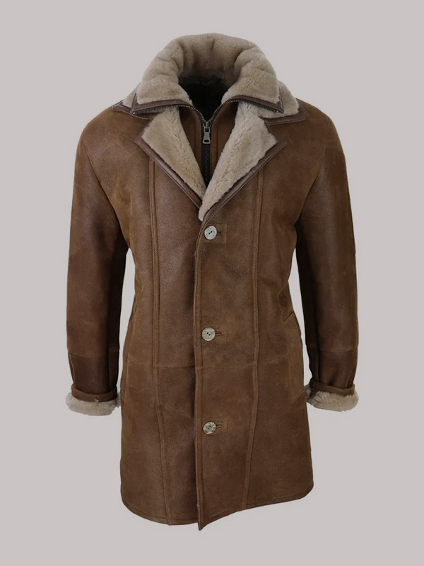 Men's 3/4 Duffle Jacket Sheepskin Long Button Zip Warm - Image 4