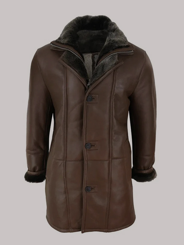 Men's 3/4 Duffle Jacket Sheepskin Long Button Zip Warm - Image 7