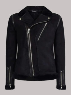 Men's Black Cross Zip Suede Sheepskin Biker Jacket