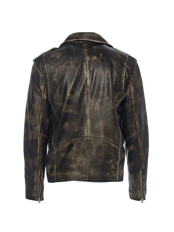 Men's Cross Zip Brandos Biker Belted Leather Jacket - Image 8