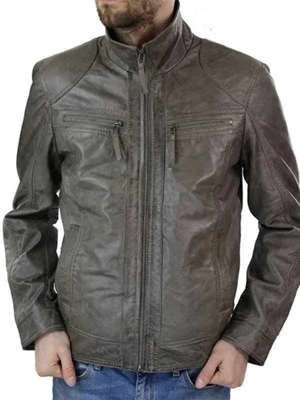 Men's Grey Biker Box Style Retro Leather Jacket