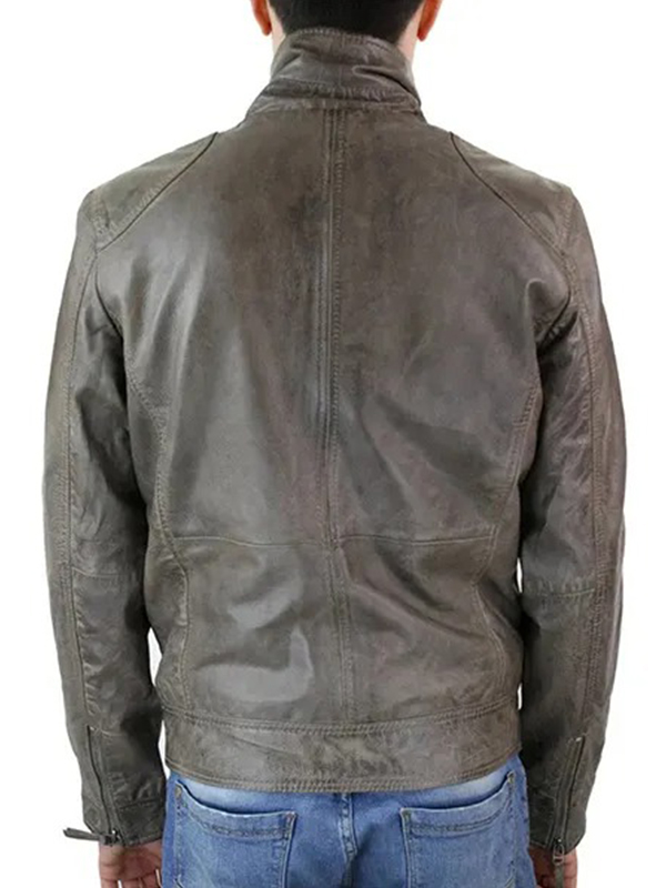 Men's Grey Biker Box Style Retro Leather Jacket - Image 2