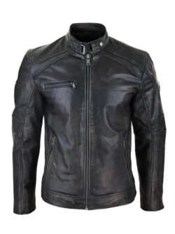 Men's Black Washed Zipped Biker Leather Jacket