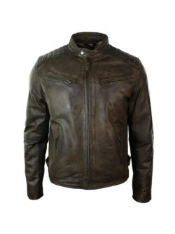 Men's Zipped Biker Jacket Washed Leather Brown Urban