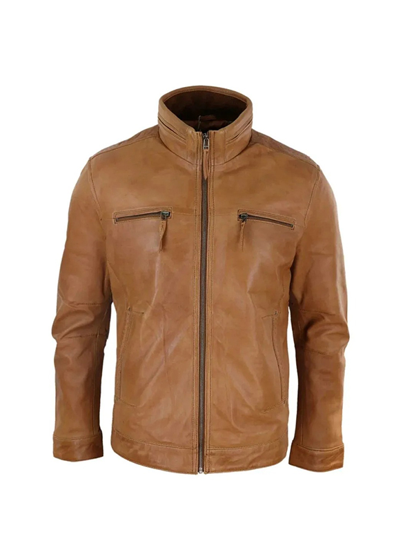 Men's Brown Zipped Biker High Collar Leather Jacket - Image 3