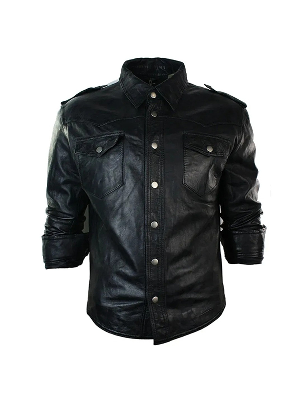 Men's Shirt Tan Brown Black Leather Jacket