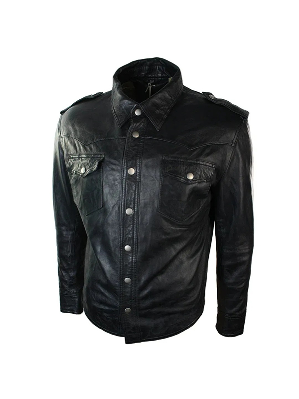 Men's Shirt Tan Brown Black Leather Jacket - Image 2
