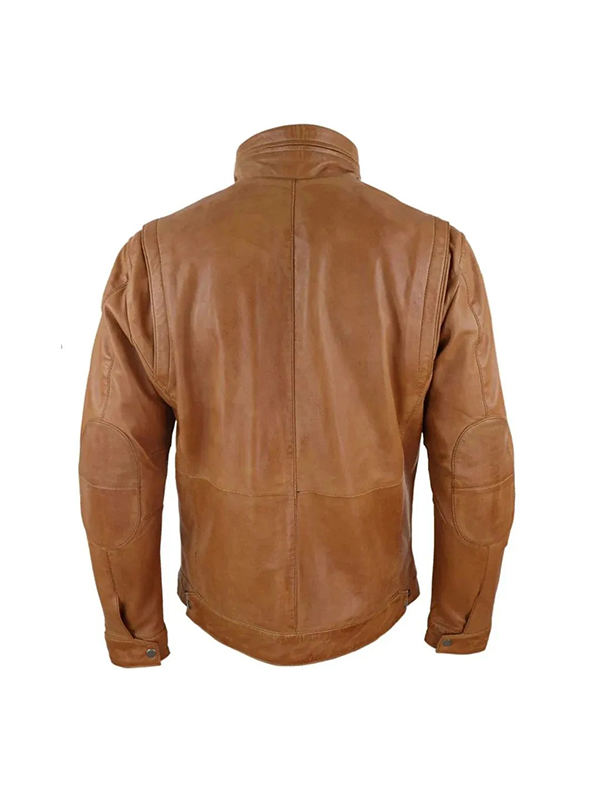Men's Brown Zipped Biker High Collar Leather Jacket - Image 4