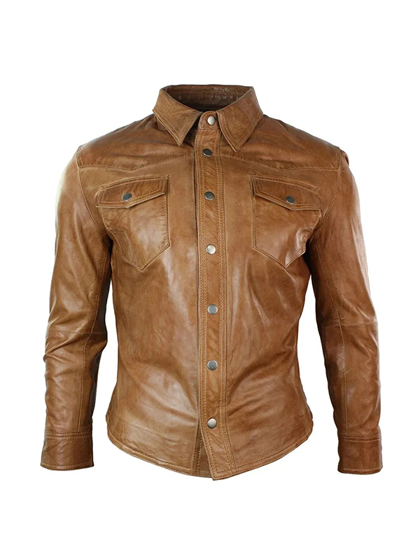 Men's Shirt Tan Brown Black Leather Jacket - Image 5