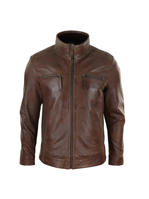 Men's Brown Zipped Biker High Collar Leather Jacket