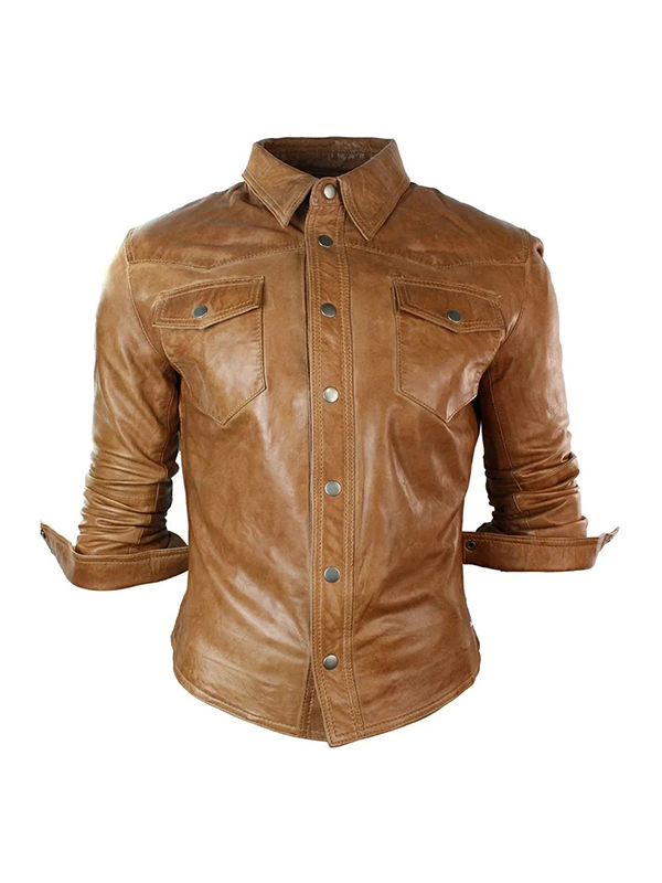 Men's Shirt Tan Brown Black Leather Jacket - Image 4