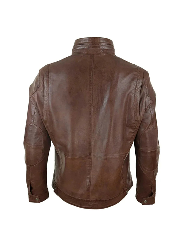 Men's Brown Zipped Biker High Collar Leather Jacket - Image 2