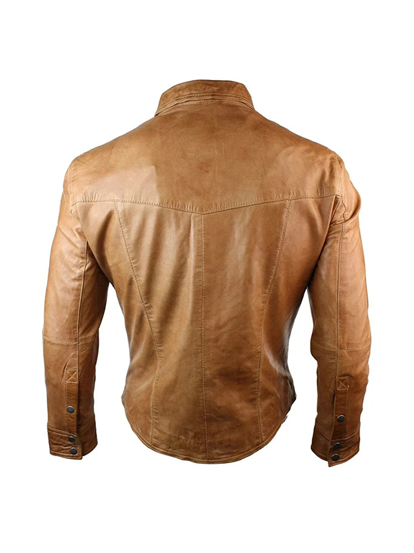 Men's Shirt Tan Brown Black Leather Jacket - Image 6