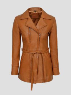 Three Quarter Tan Leather Trench Coat For Women