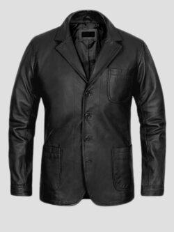 Black Three Pocket Leather Blazer For Men