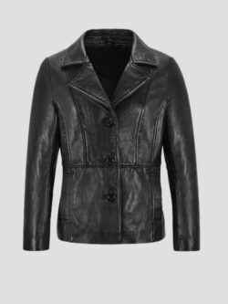 Women's Three Button Black Leather Blazer Coat