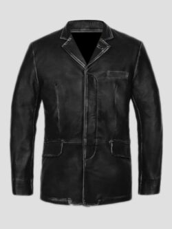 Black Rub Off Leather Blazer For Men