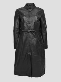 Black Casual Leather Trench Coat For Women