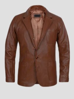Brown Vintage Waxed Mens Classic Sheepskin Leather Blazer