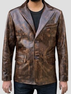 Distress Brown Leather Blazer For Men