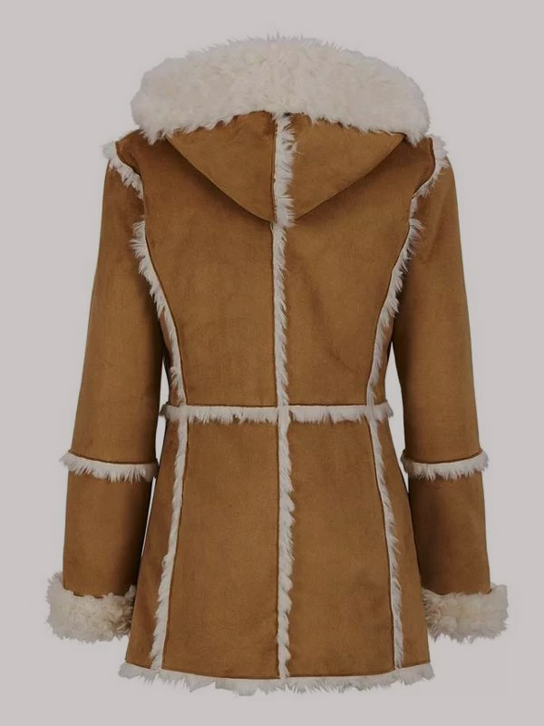 Women’s Brown Shearling Hooded Overcoat - Image 2