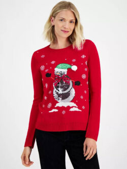 Women Sequined Snowman Crewneck Sweater