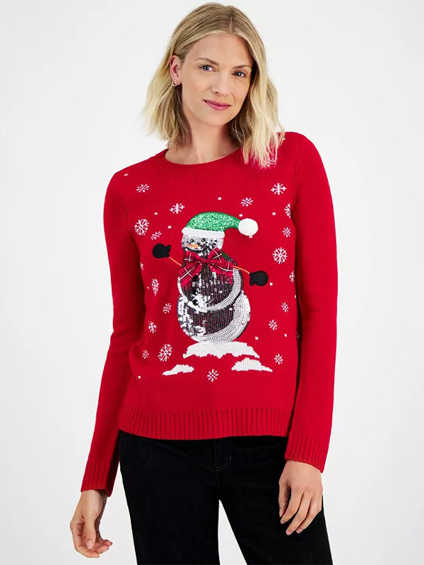 Women Sequined Snowman Crewneck Sweater