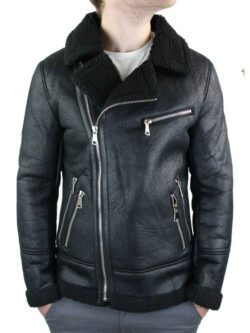 Men Aviator Cross Zip Shearling Sheepskin Jacket