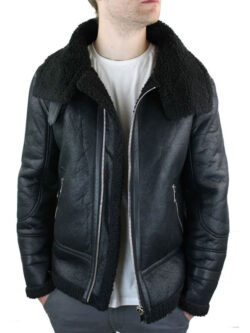 Men Aviator Shearling Faux Fur Black Jacket