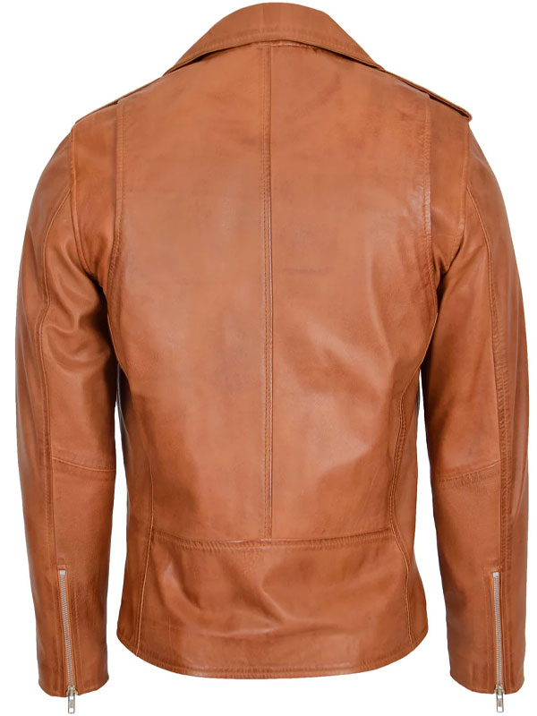 Men Biker Brando Style Tan Leather Jacket
