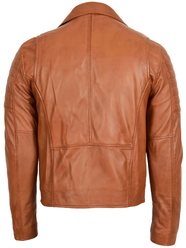 Men Biker Leather Zip Hook Tan Jacket