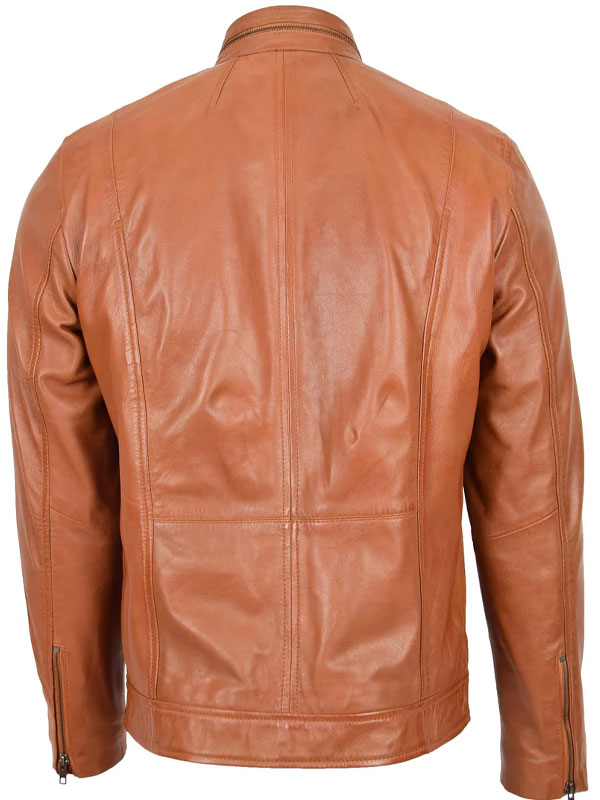 Men Casual Biker Leather Tan Jacket