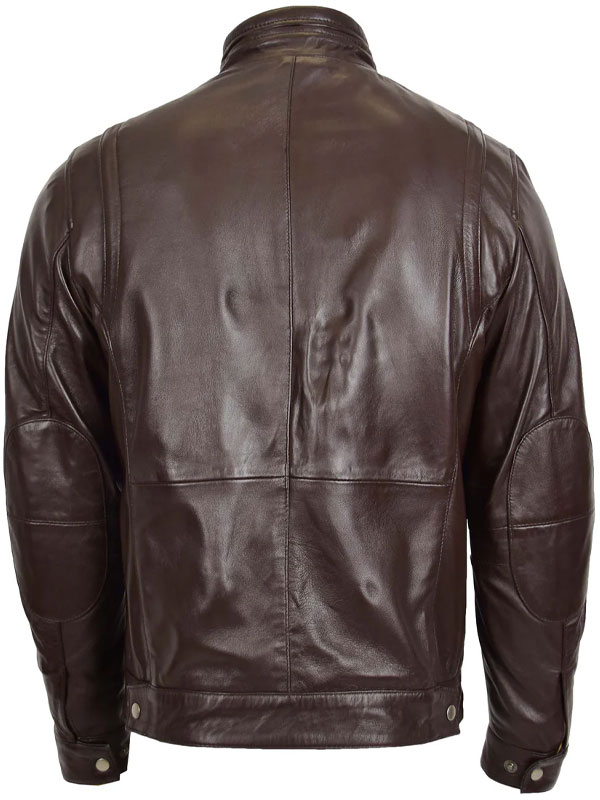Men Standing Collar Leather Brown Jacket