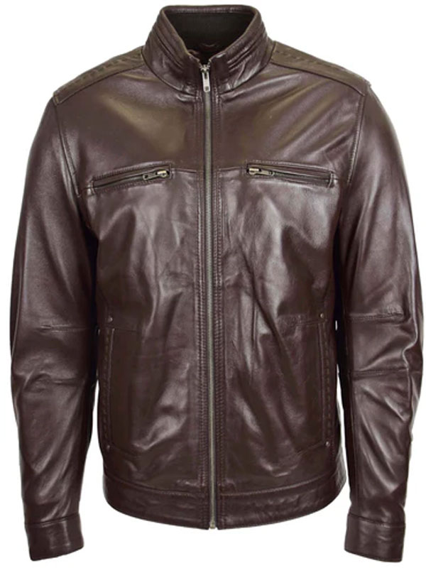 Men Collar Leather Brown Jacket