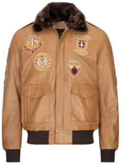 Men Aviator Tan & Black Fur Collar Bomber