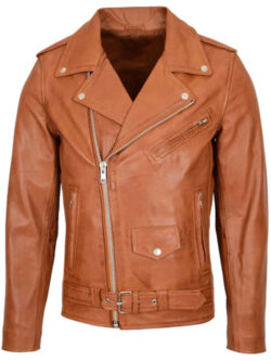 Men Biker Brando Style Tan Leather Jacket