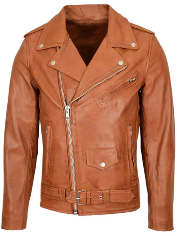 Men Biker Brando Style Tan Leather Jacket