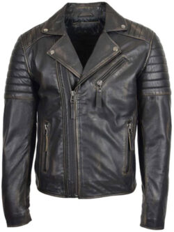 Men Biker Leather Rub-Off Zip Hook Jacket