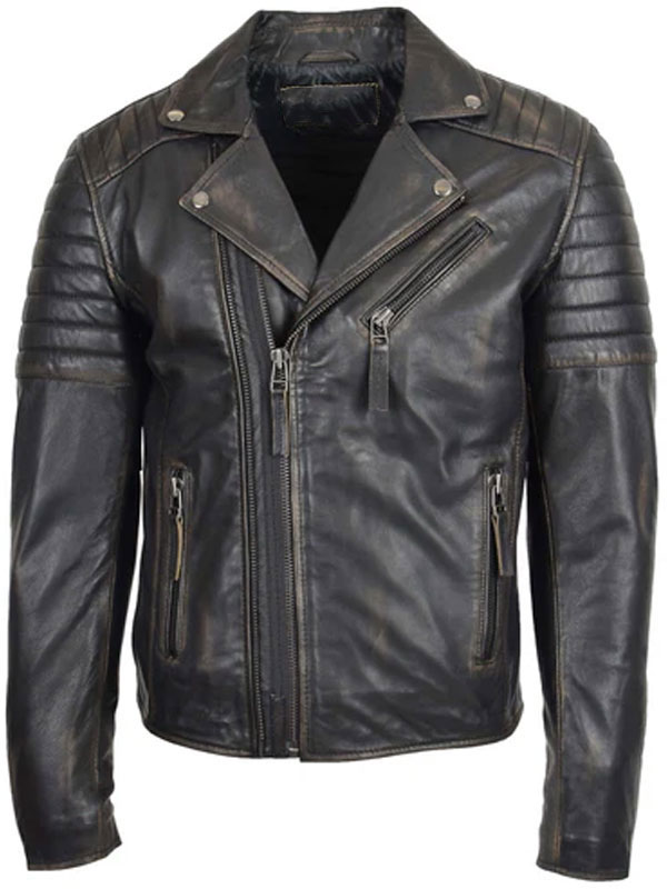Men Biker Leather Rub-Off Zip Hook Jacket