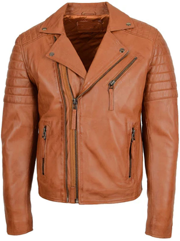 Men Biker Leather Zip Hook Tan Jacket